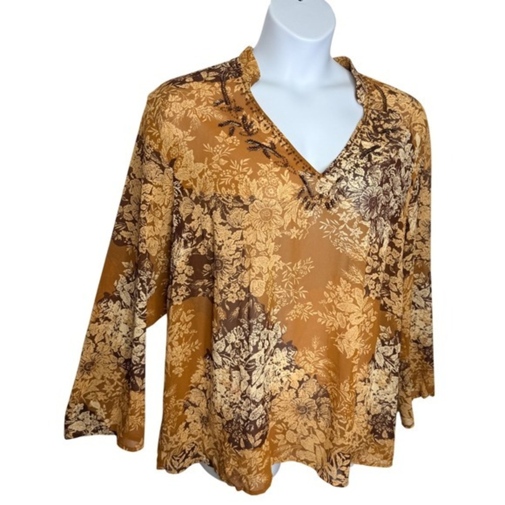 Blouse Women 26/28 Brown Long Sleeves Beaded Floral Sheer V-Neck Boho Officewear - Picture 3 of 7